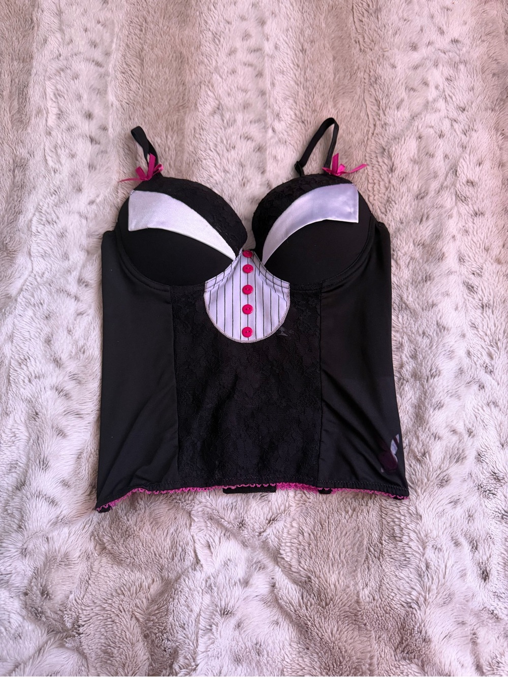 PLAYBOY Black Bustier with White Cups and Pink Accents